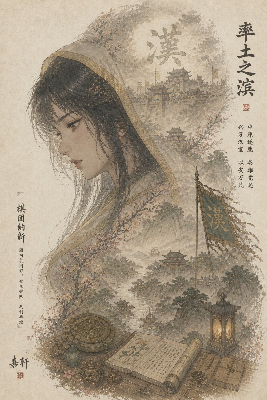 水墨海报一：执卷女武将，身后城阙与灯下账册