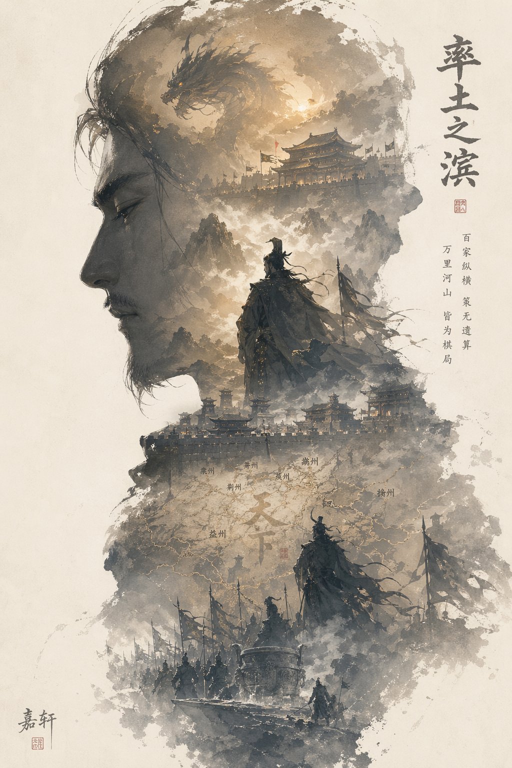 水墨海报二：远眺男武将，身后龙云城郭与天下舆图